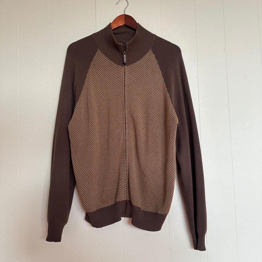 Vintage 90s Full Zip Mock Neck Sweater Size M Brown Houndstooth Raglan